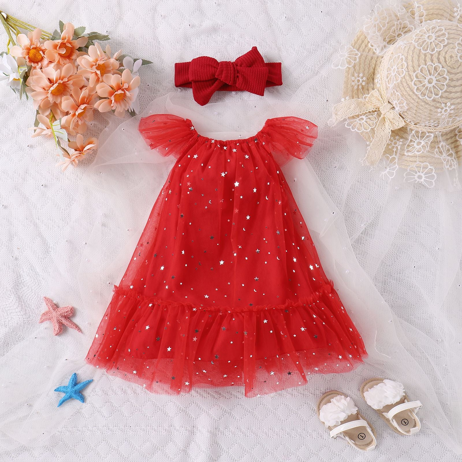 Vestido Infantil Tule Estrelinhas + Laçinho