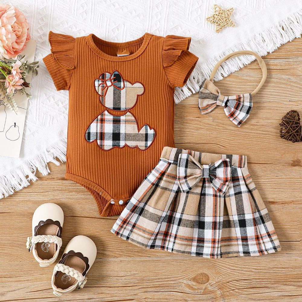 Conjunto Infantil Feminino Xadrez Ursinho + Laçinho