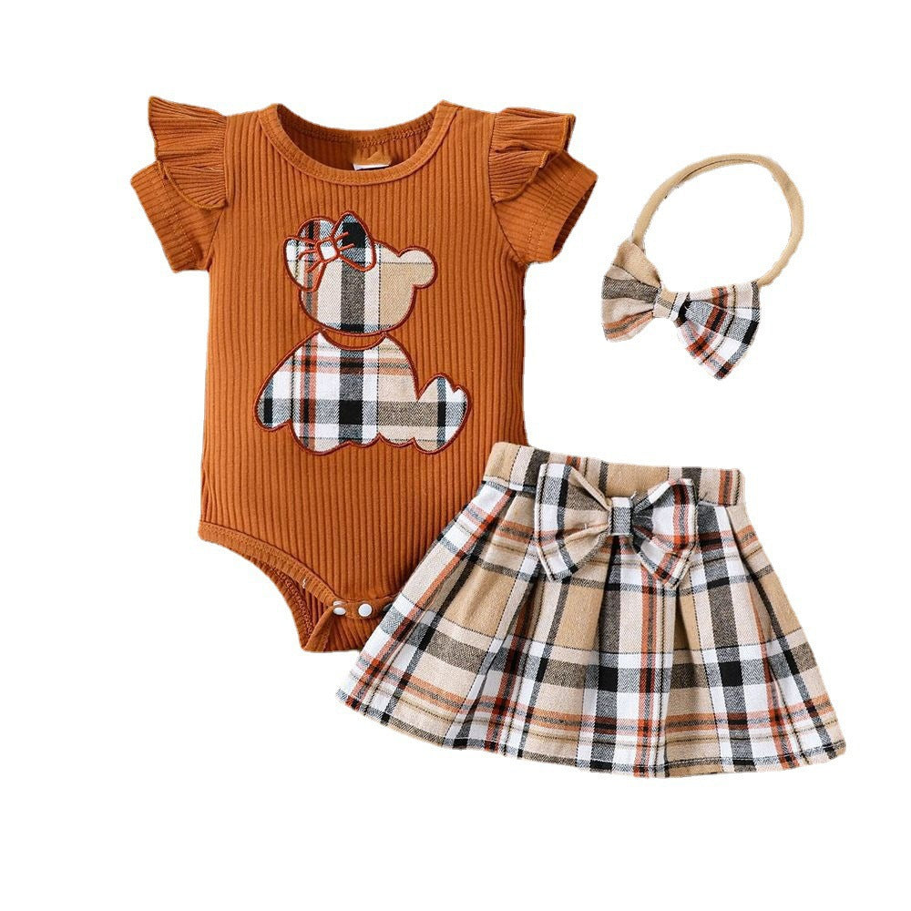 Conjunto Infantil Feminino Xadrez Ursinho + Laçinho