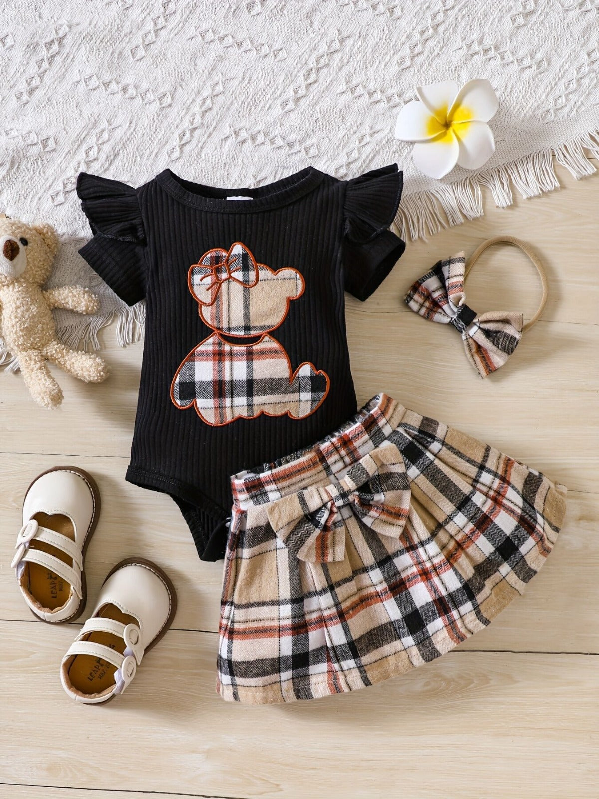 Conjunto Infantil Feminino Xadrez Ursinho + Laçinho