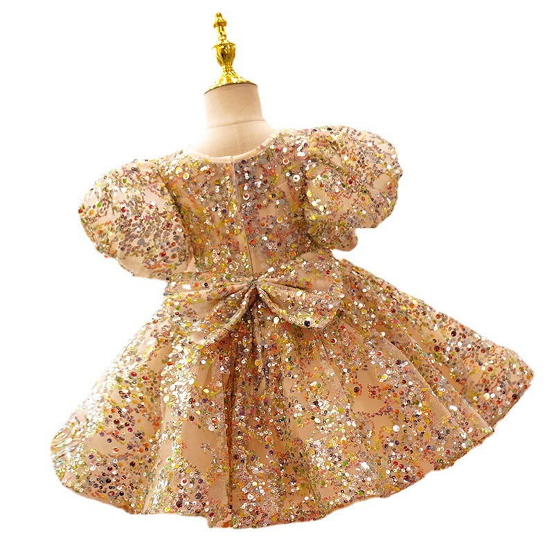 Vestido De Festa Infantil Dourado Pedrarias + Laçinho