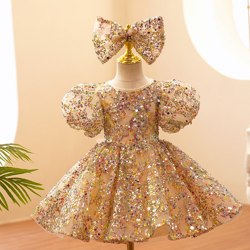 Vestido De Festa Infantil Dourado Pedrarias + Laçinho