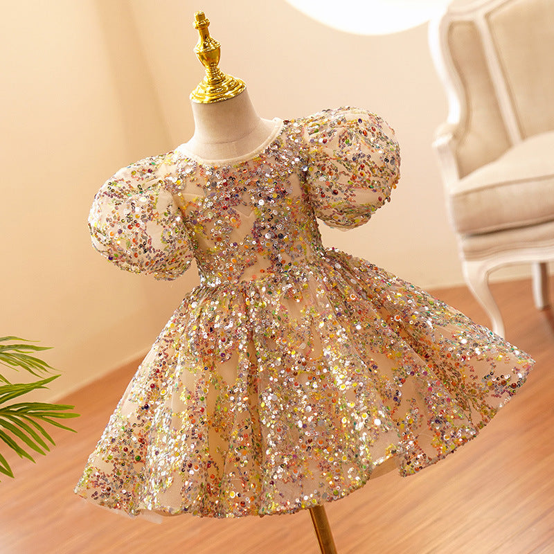 Vestido De Festa Infantil Dourado Pedrarias + Laçinho