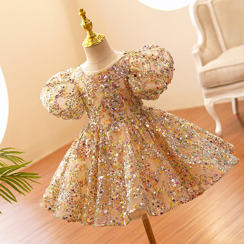 Vestido De Festa Infantil Dourado Pedrarias + Laçinho