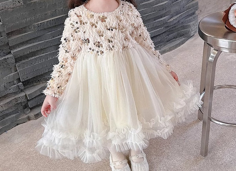 Vestido Infantil Pelinhos Lantejoula + Laçinho