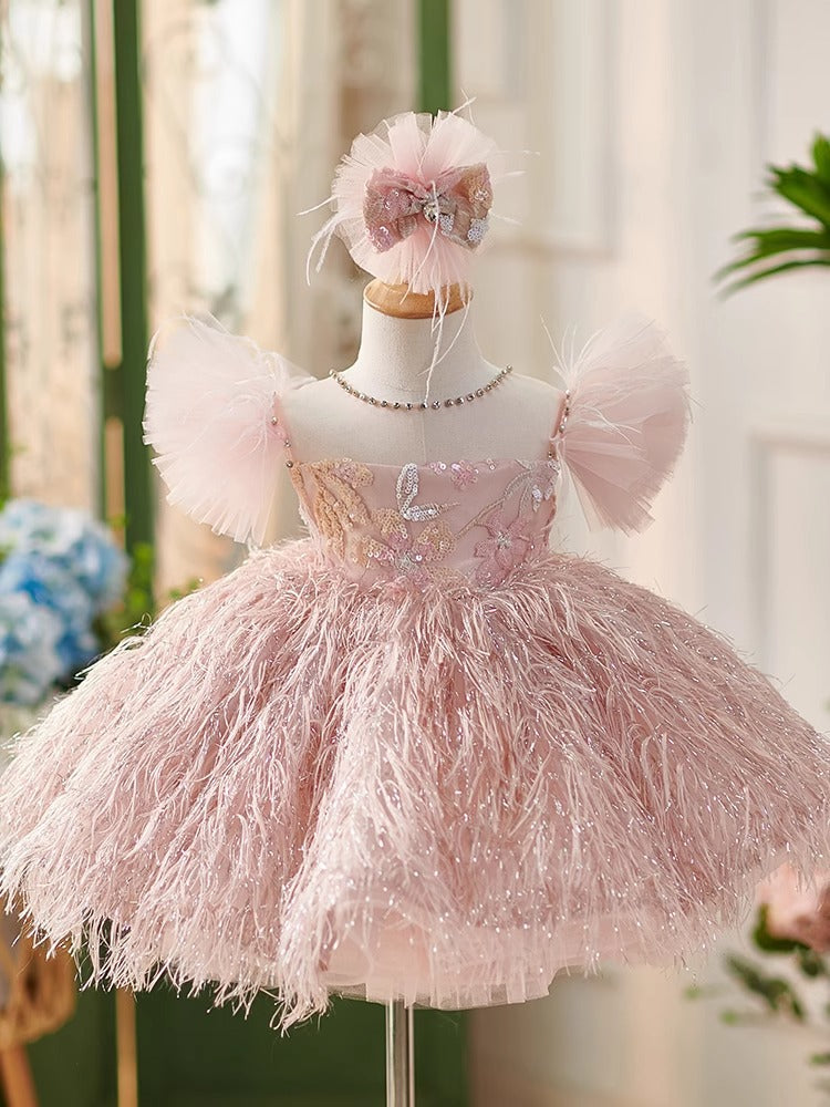 Vestido De Festa Infantil Plumas Rosa