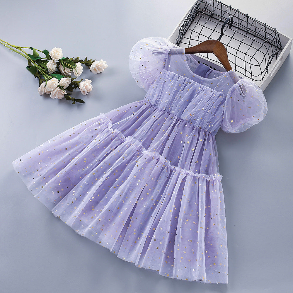 Vestido Infantil Roxo Tule Estrelinhas