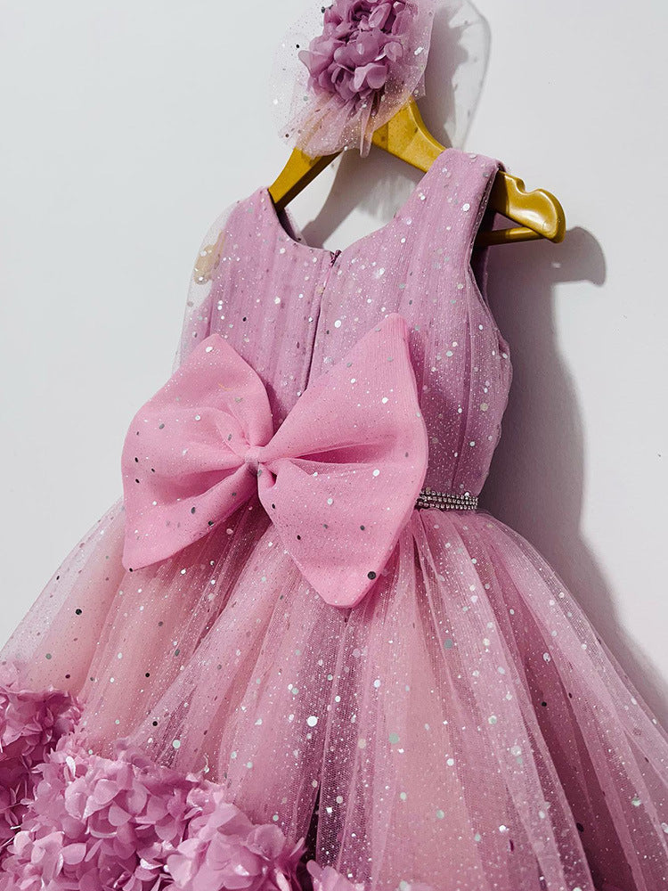 Vestido Infantil Rosa Brilhoso e Laçinho