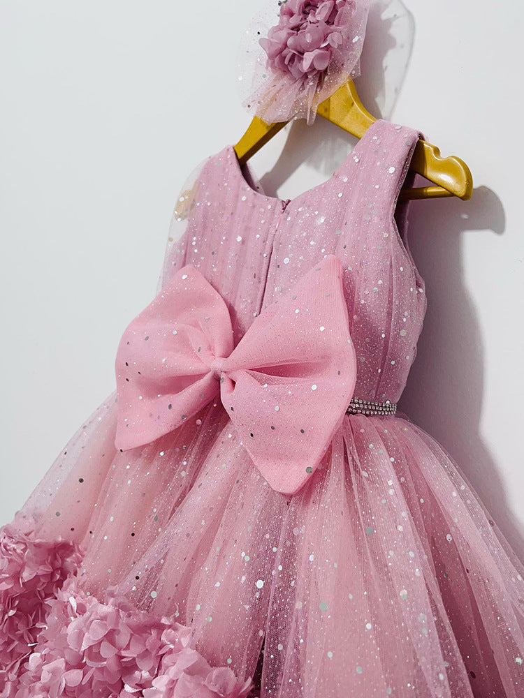 Vestido Infantil Rosa Brilhoso e Laçinho