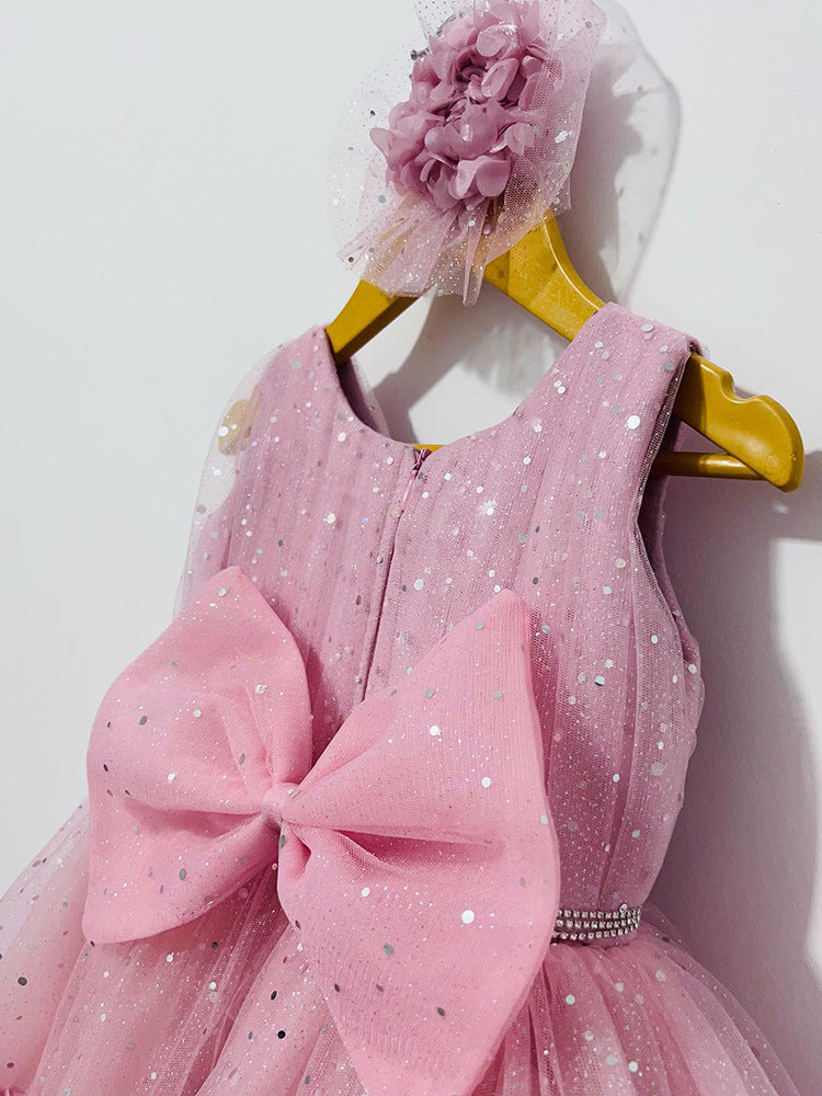 Vestido Infantil Rosa Brilhoso e Laçinho