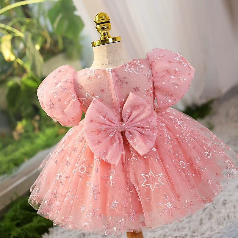 Vestido Infantil De Festa Rosa Estrelinhas e Laço