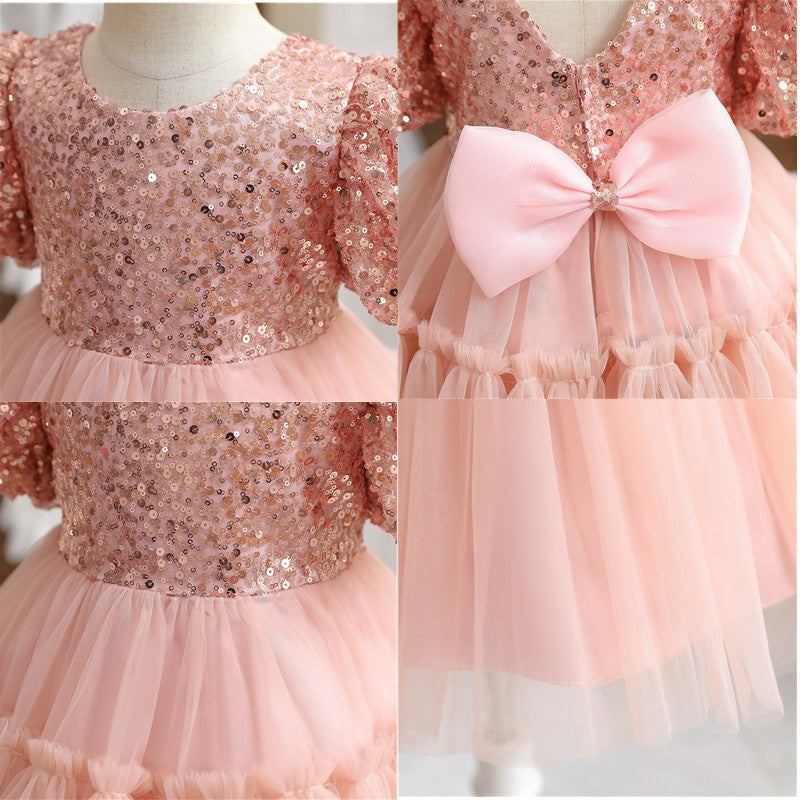 Vestido Infantil Rosa Pedrarias e Laço