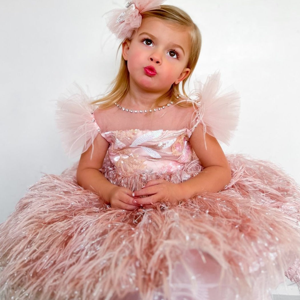 Vestido De Festa Infantil Plumas Rosa