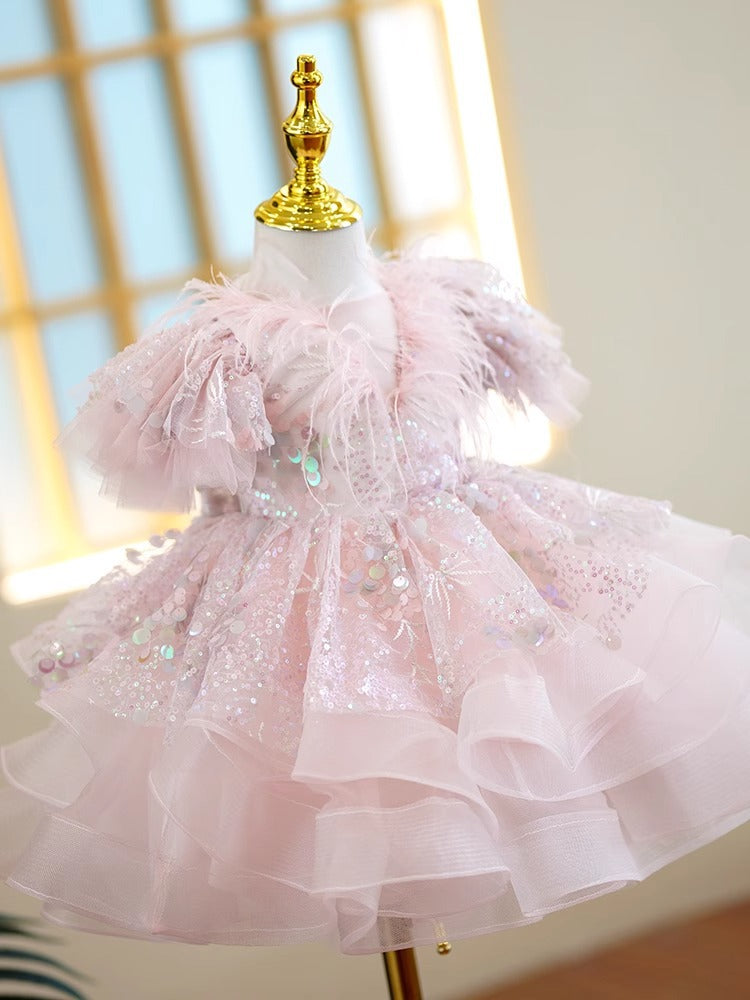 Vestido De Festa Infantil Brilhante Plumas e Lacinho