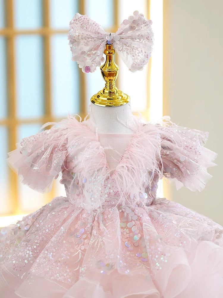 Vestido De Festa Infantil Brilhante Plumas e Lacinho