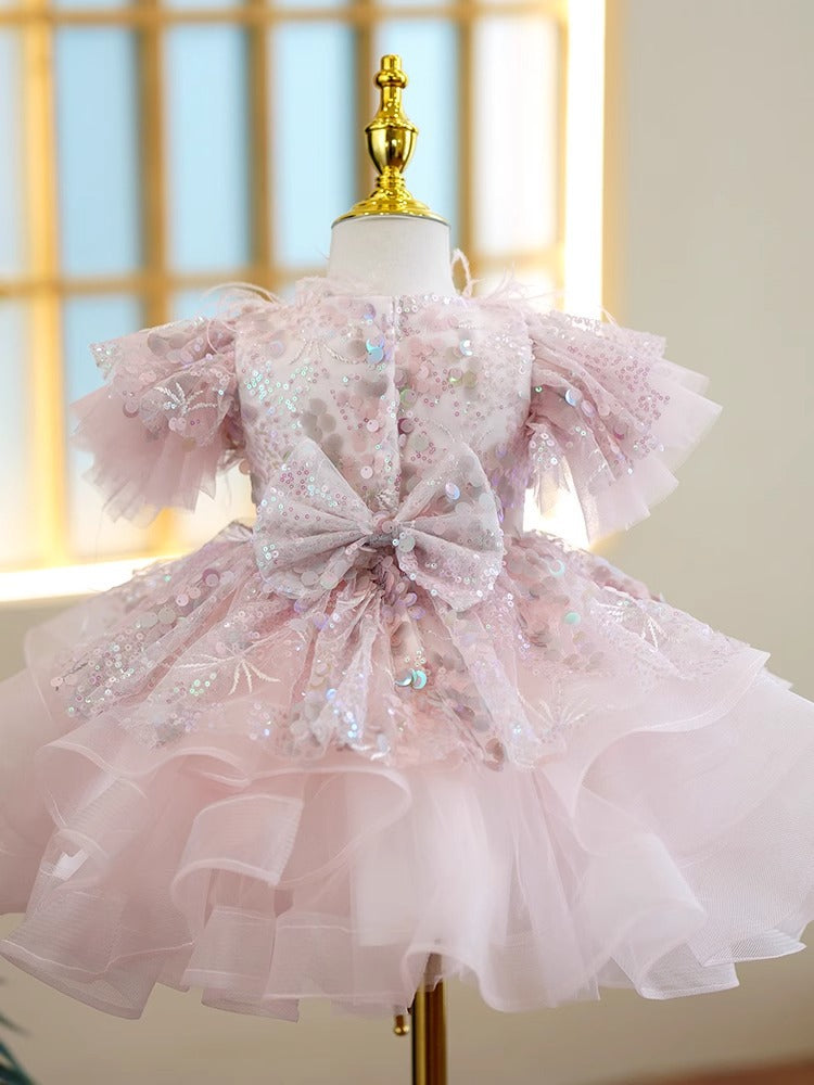 Vestido De Festa Infantil Brilhante Plumas e Lacinho