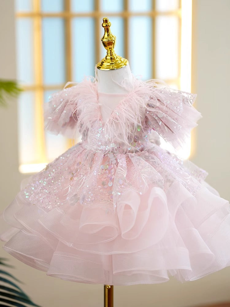 Vestido De Festa Infantil Brilhante Plumas e Lacinho