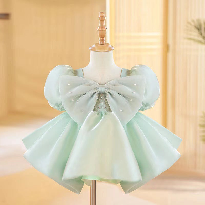 Vestido Infantil De Festa Verde Lacinho Pérolas