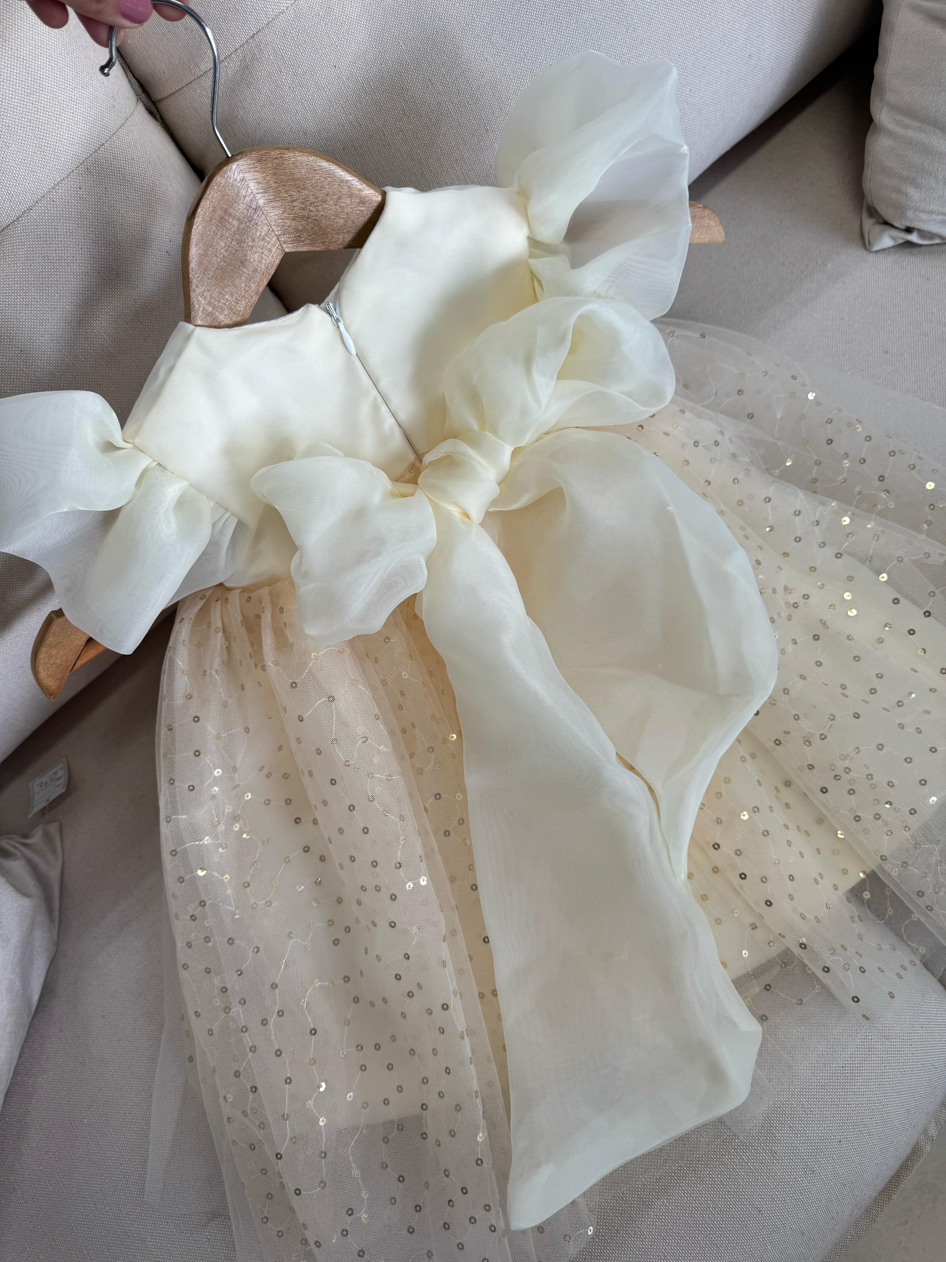 Vestido Infantil Tule Paetê Dourado