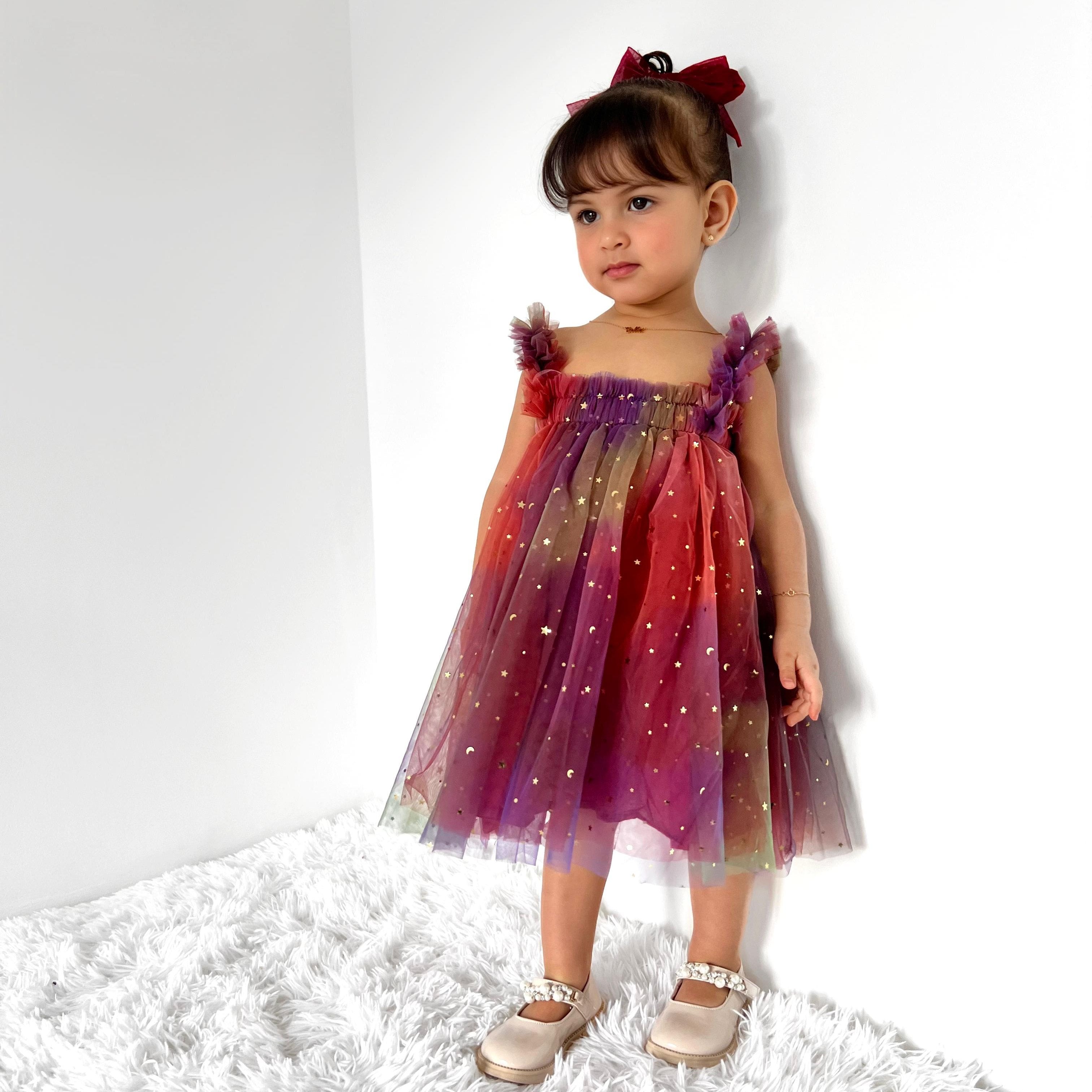 Vestido Infantil Feminino Tule Neon Estrelinhas