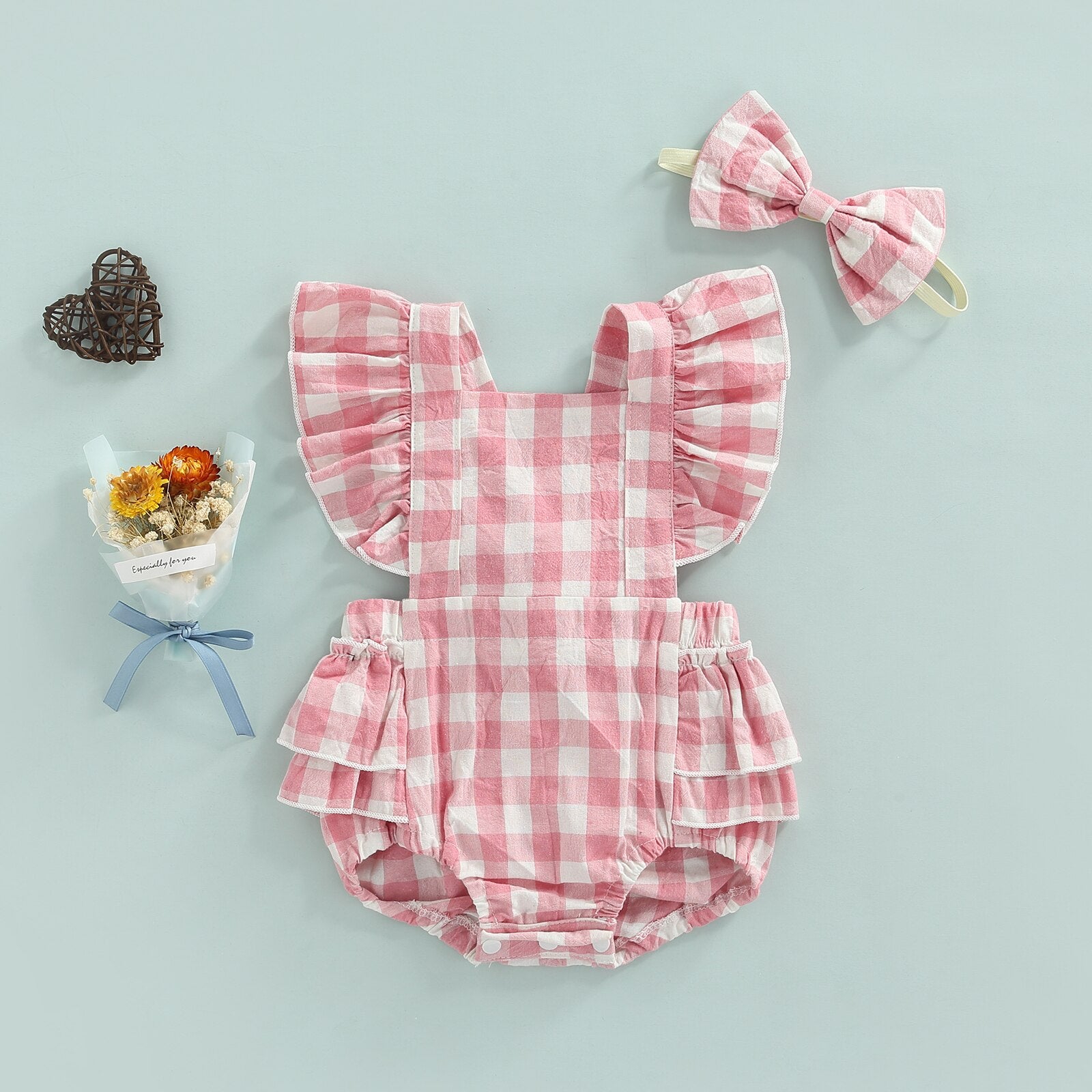 Body Infantil Feminino Xadrez +Tiara body Loja Click Certo Rosa 0-6 meses 38cm 