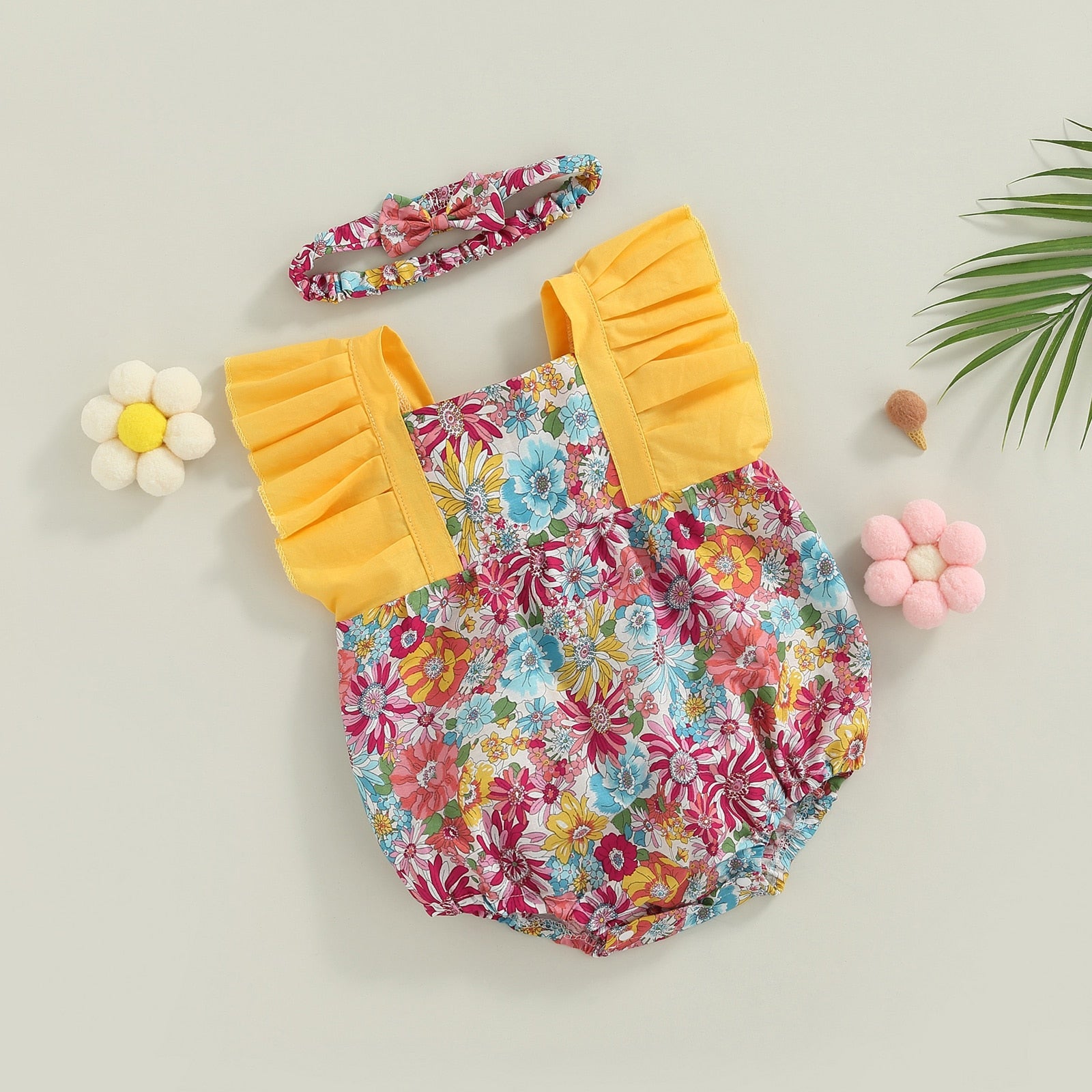 Body Infantil Florido + Tiara body Loja Click Certo Amarelo 0-6 meses 39cm 