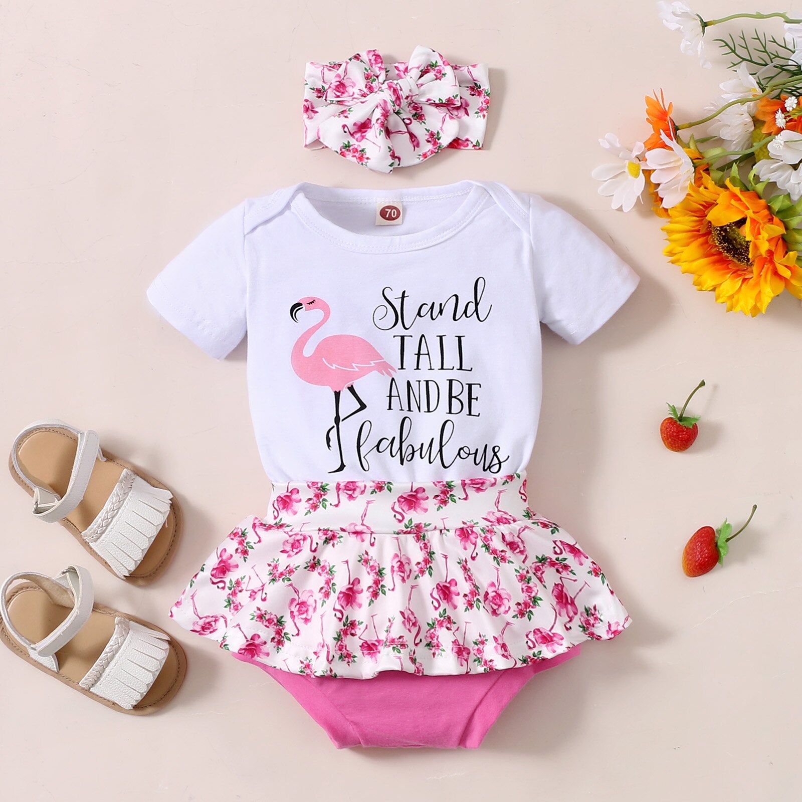 Conjunto Body + Sainha com Laço Conjunto Loja Click Certo Flamingo 0-3 meses 