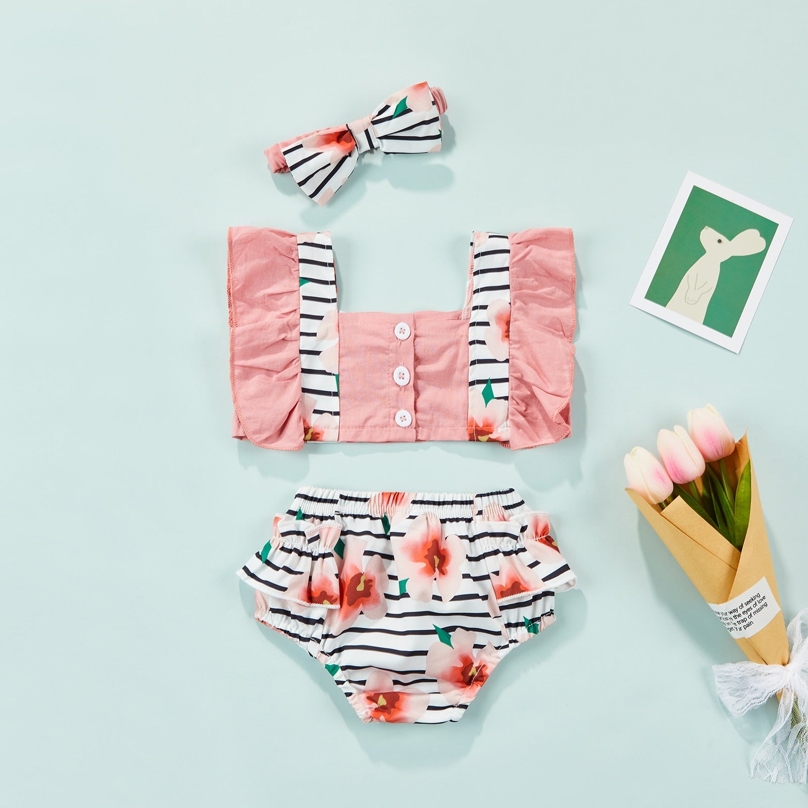 Conjunto Floral Verão com Laço Conjunto Loja Click Certo 0-3 meses 