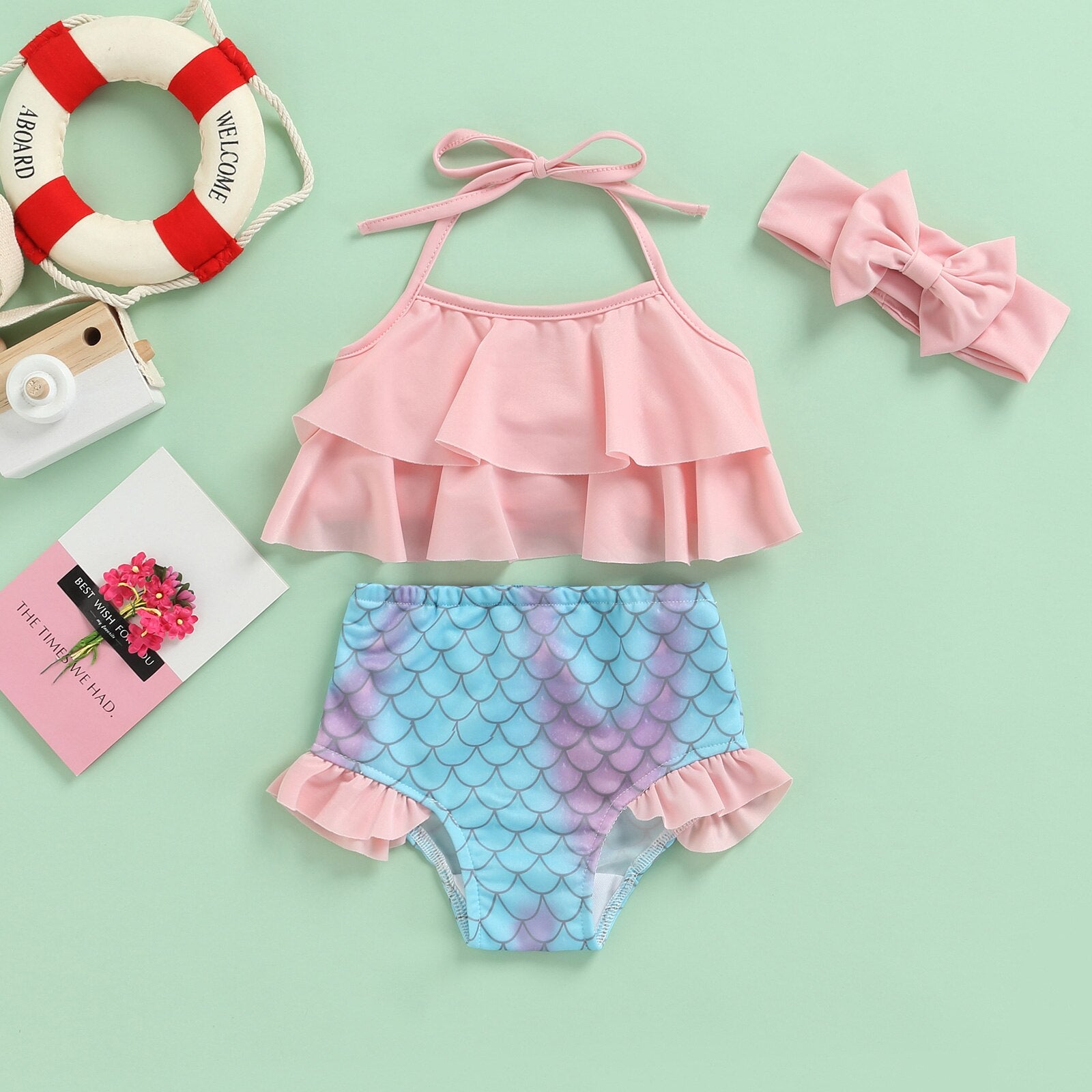 Conjunto Infantil Biquíni Sereia + Lacinho maio Loja Click Certo Rosa 2-3 anos 