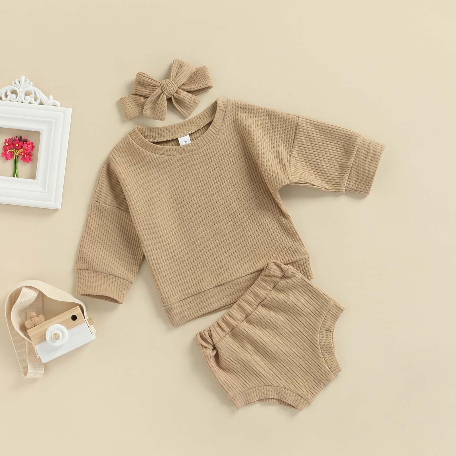 Conjunto Infantil Canelado Calcinha + Blusa + Laço conjunto Loja Click Certo Bege 0-6 meses 