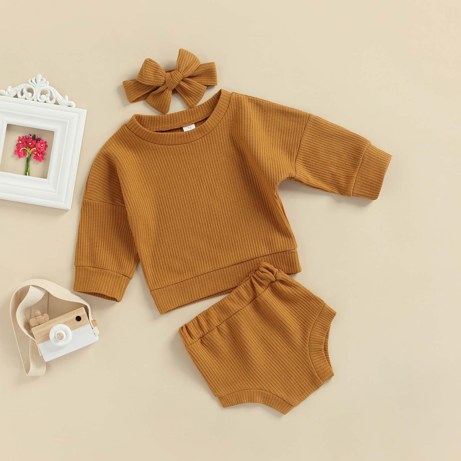 Conjunto Infantil Canelado Calcinha + Blusa + Laço conjunto Loja Click Certo Marrom 0-6 meses 