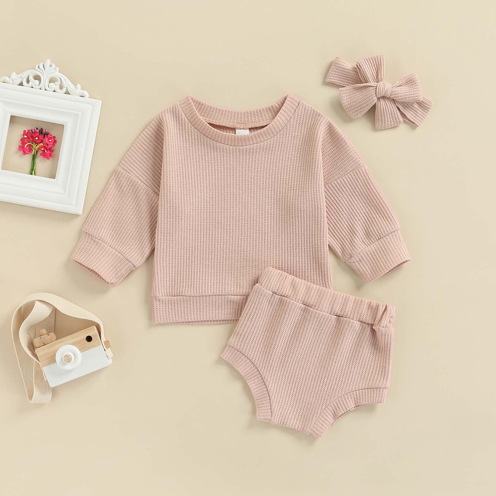 Conjunto Infantil Canelado Calcinha + Blusa + Laço conjunto Loja Click Certo Rosa 0-6 meses 