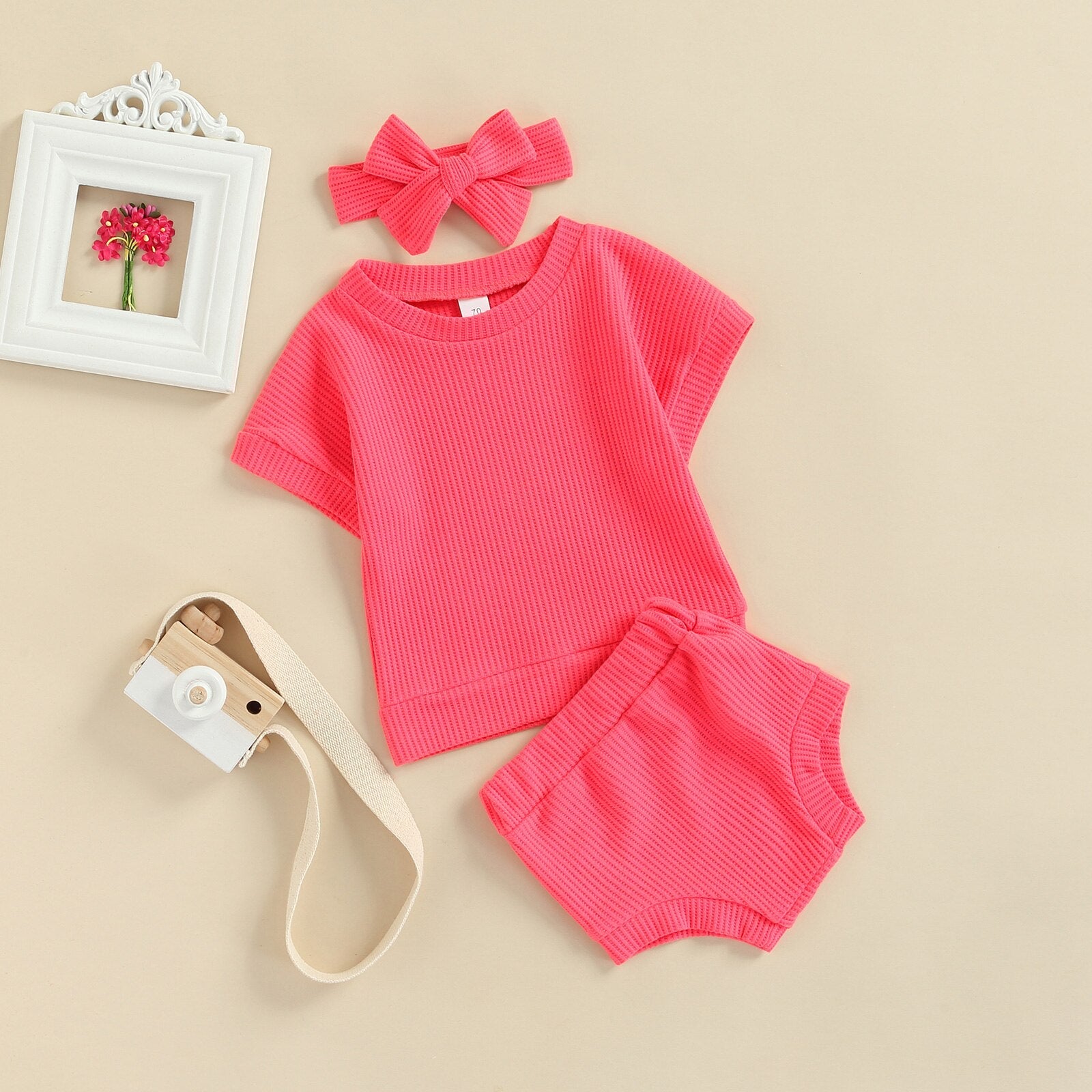 Conjunto Infantil Canelado Calcinha + Blusa + Laço conjunto Loja Click Certo Rosa 0-6 meses 