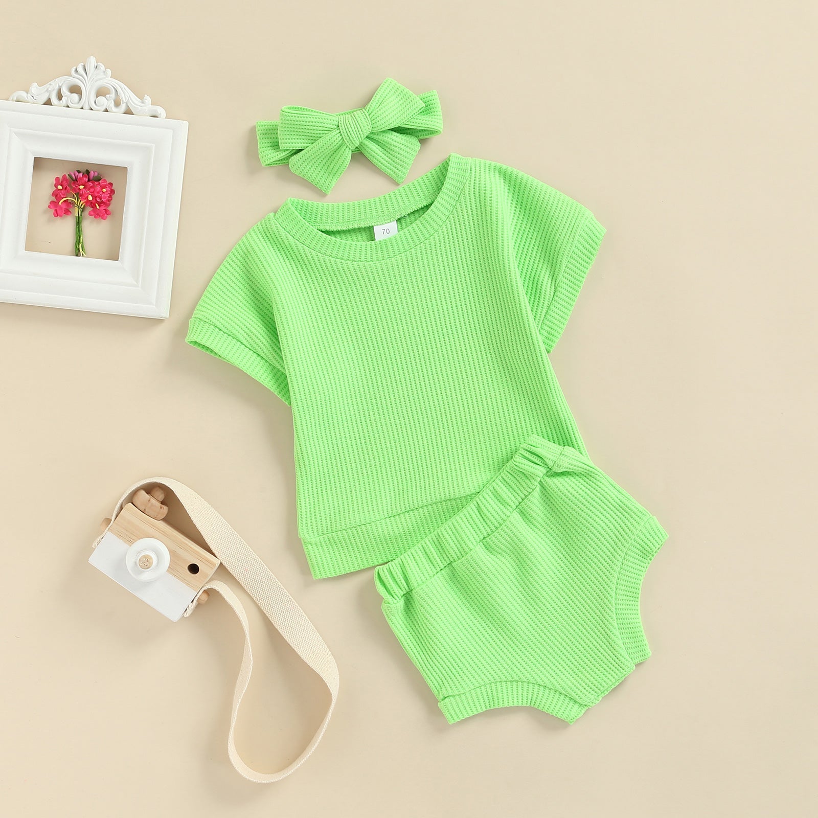 Conjunto Infantil Canelado Calcinha + Blusa + Laço conjunto Loja Click Certo Verde 0-6 meses 