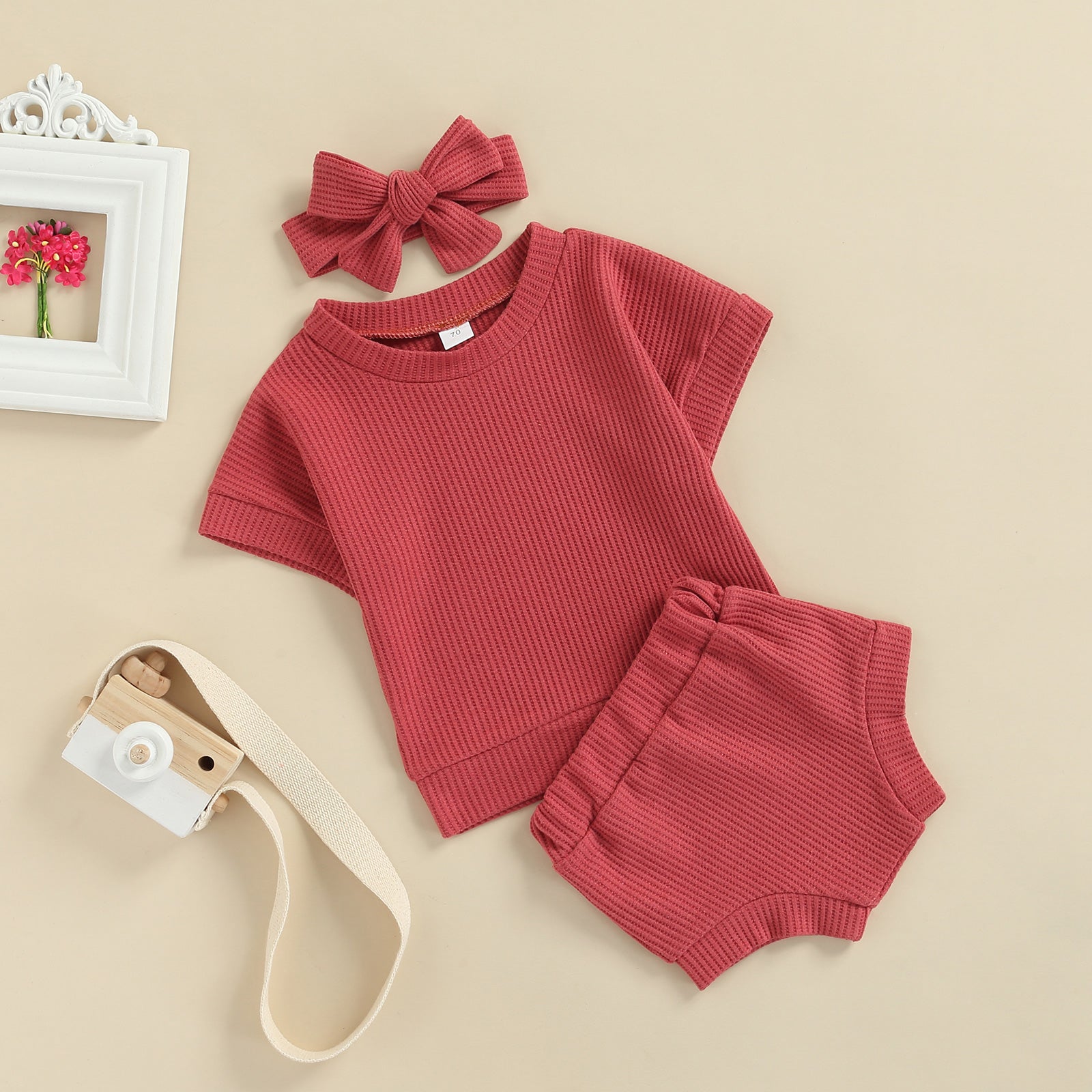 Conjunto Infantil Canelado Calcinha + Blusa + Laço conjunto Loja Click Certo Vermelho 0-6 meses 