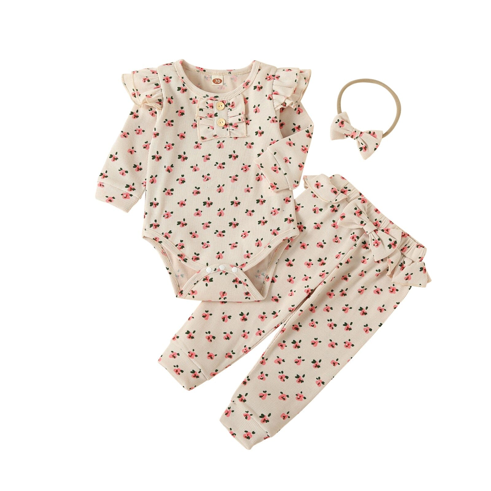 Conjunto Infantil Feminino Botões + Faixa Loja Click Certo Flores 0-6 Meses 