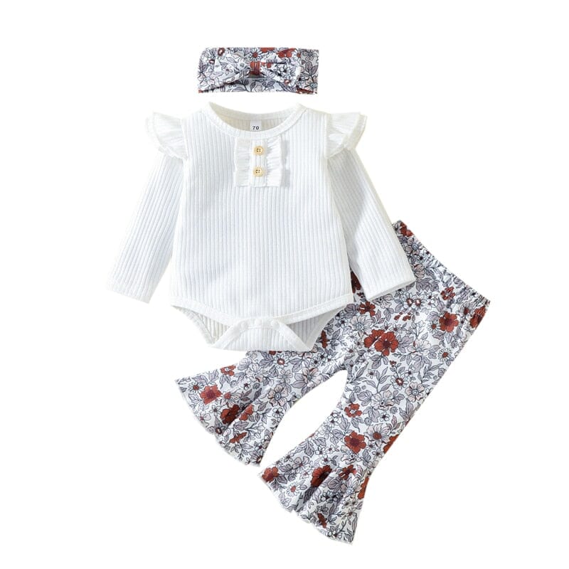 Conjunto Infantil Feminino Calça Flores + Faixa Loja Click Certo Branco 3-6 meses 