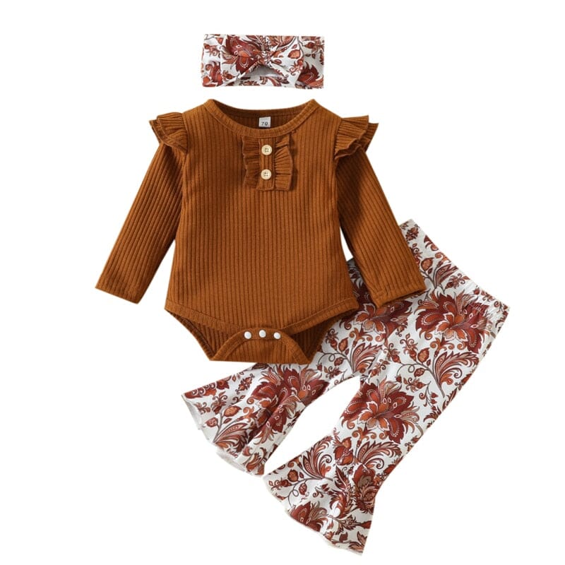 Conjunto Infantil Feminino Calça Flores + Faixa Loja Click Certo Marrom 3-6 meses 