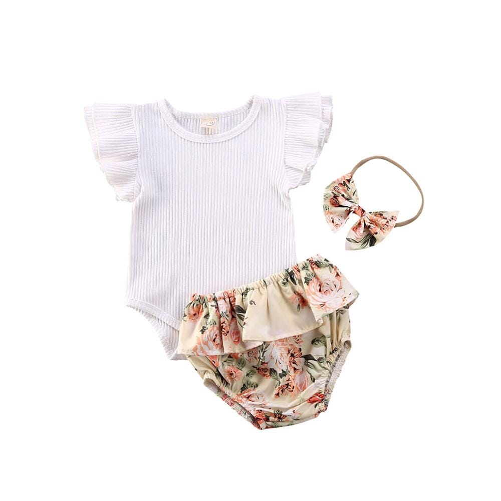 Conjunto Infantil Feminino Canelado Flores + Faixa Loja Click Certo Branco 0-3 Meses 