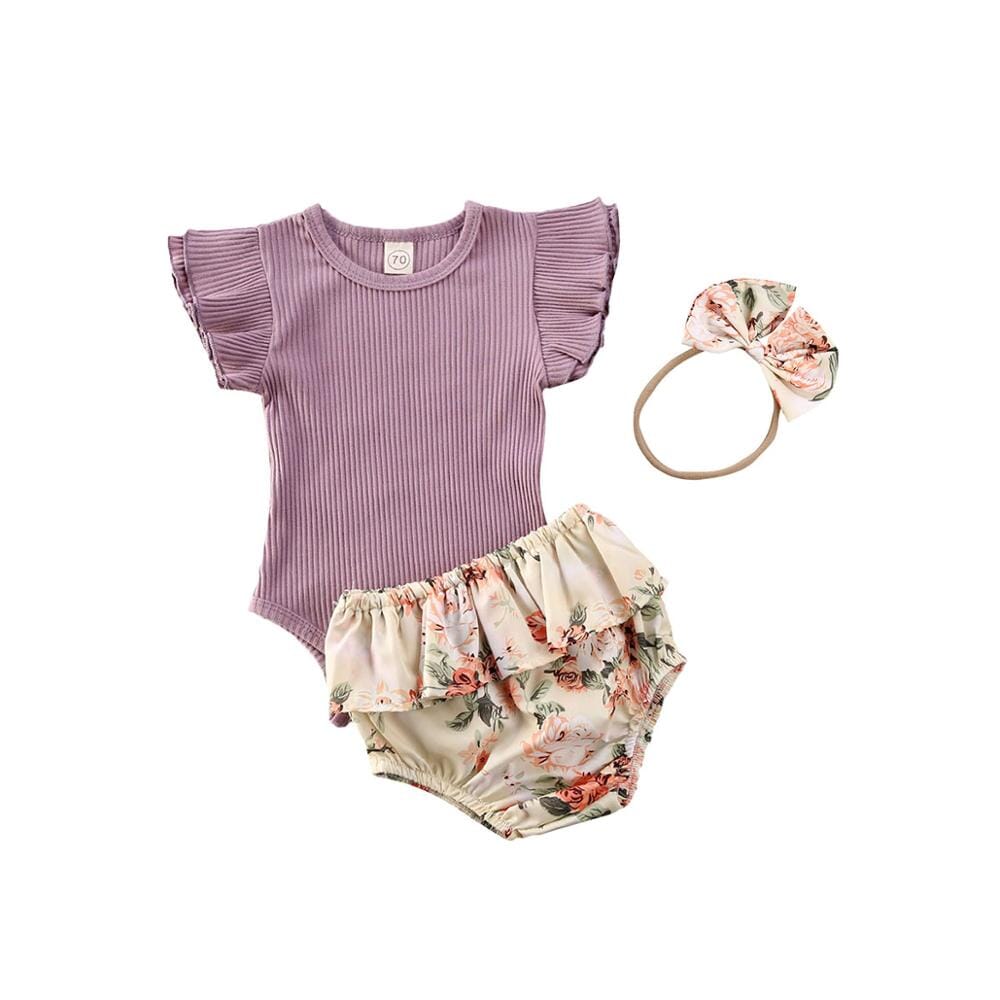 Conjunto Infantil Feminino Canelado Flores + Faixa Loja Click Certo Lilás 0-3 Meses 