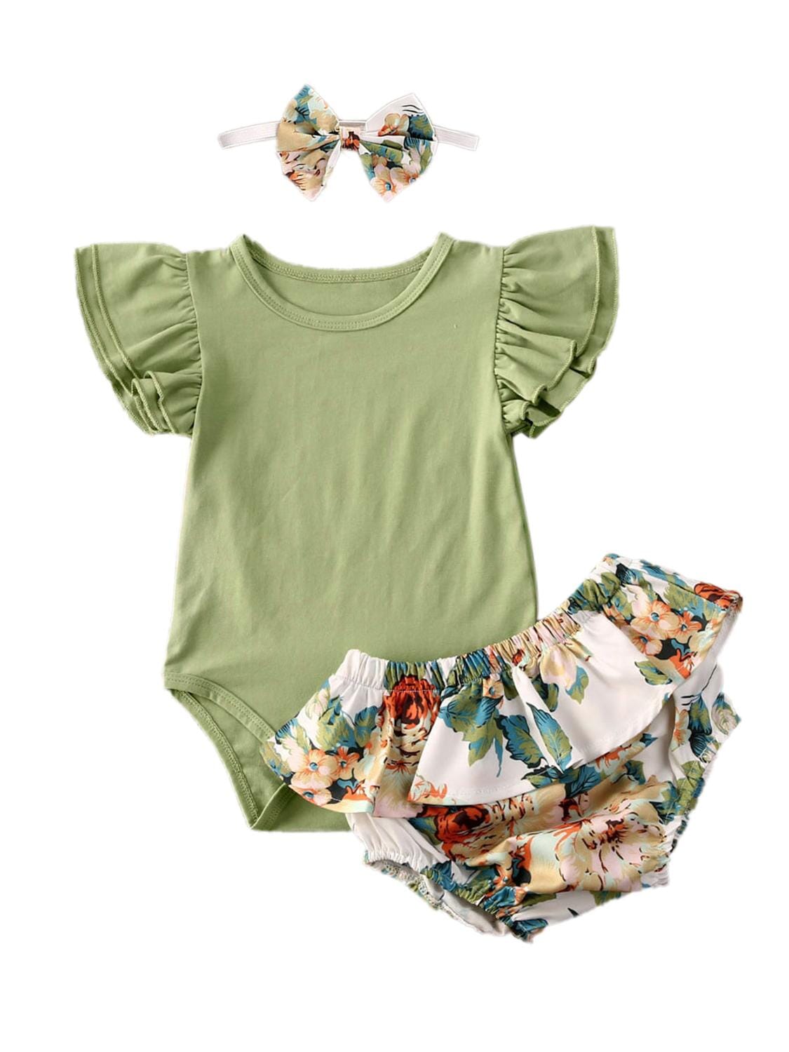 Conjunto Infantil Feminino Canelado Flores + Faixa Loja Click Certo Verde 1 0-3 Meses 