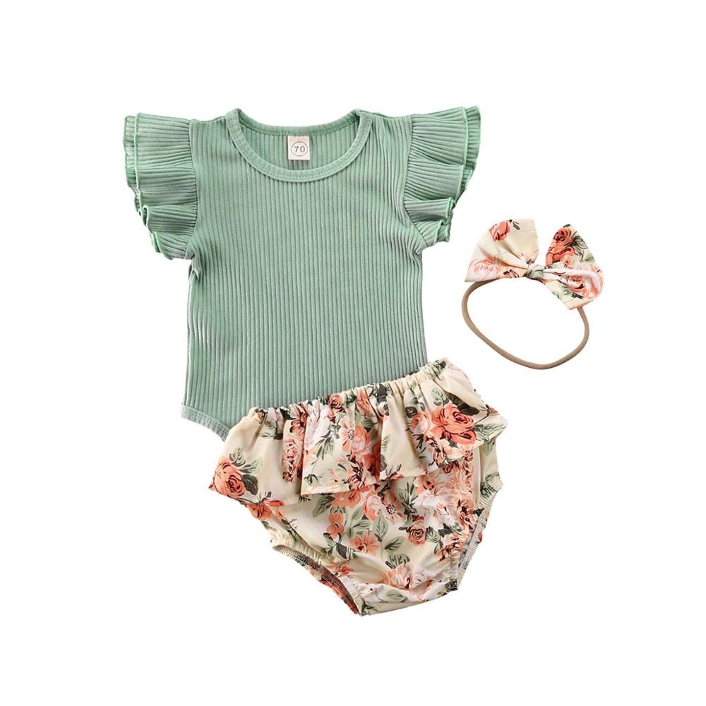 Conjunto Infantil Feminino Canelado Flores + Faixa Loja Click Certo Verde 2 0-3 Meses 