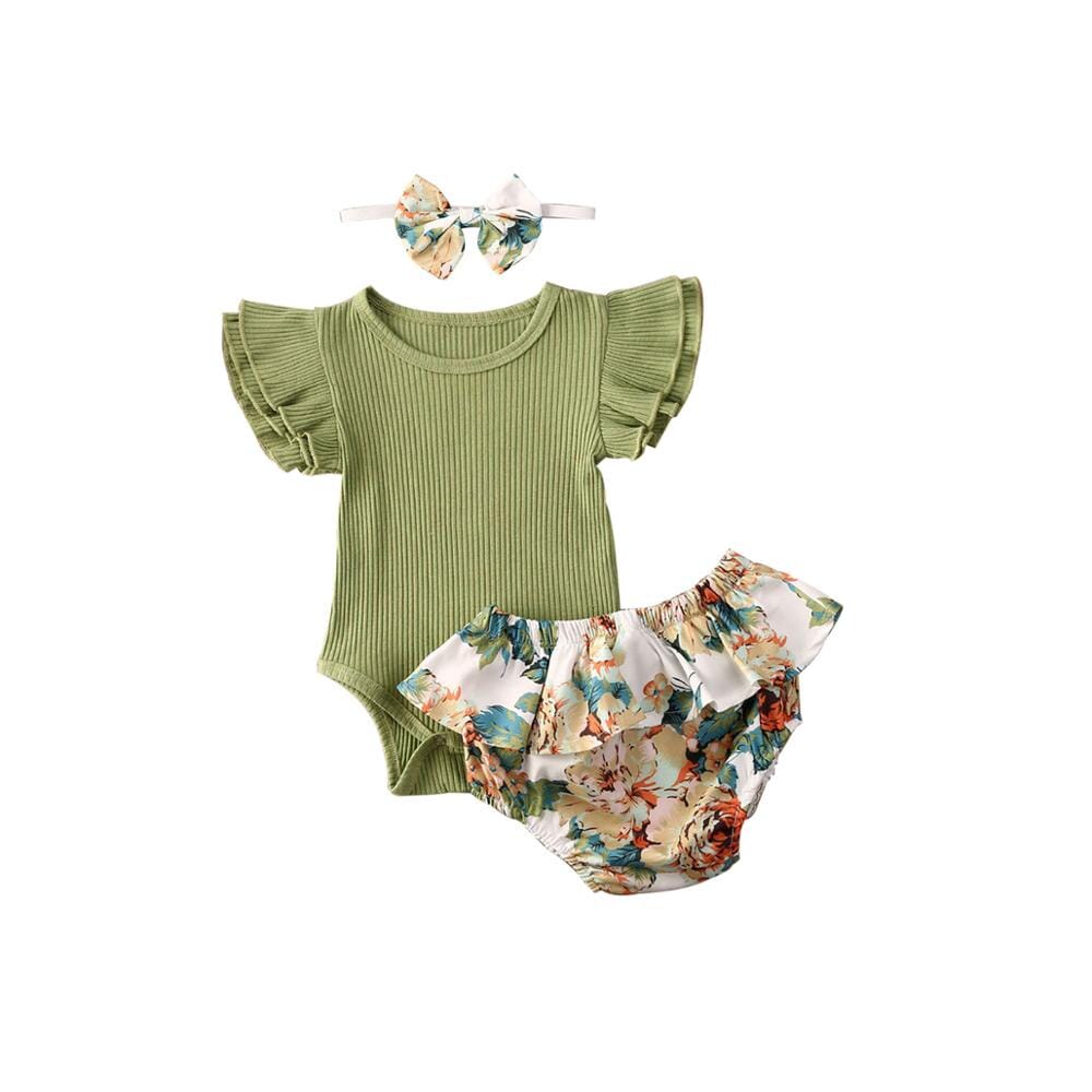 Conjunto Infantil Feminino Canelado Flores + Faixa Loja Click Certo Verde 3 0-3 Meses 