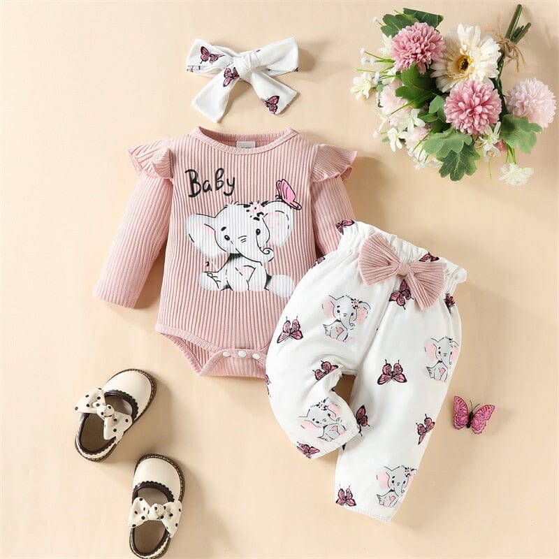 Conjunto Infantil Feminino Elefante + Laçinho Loja Click Certo Rosa 0-3 Meses 