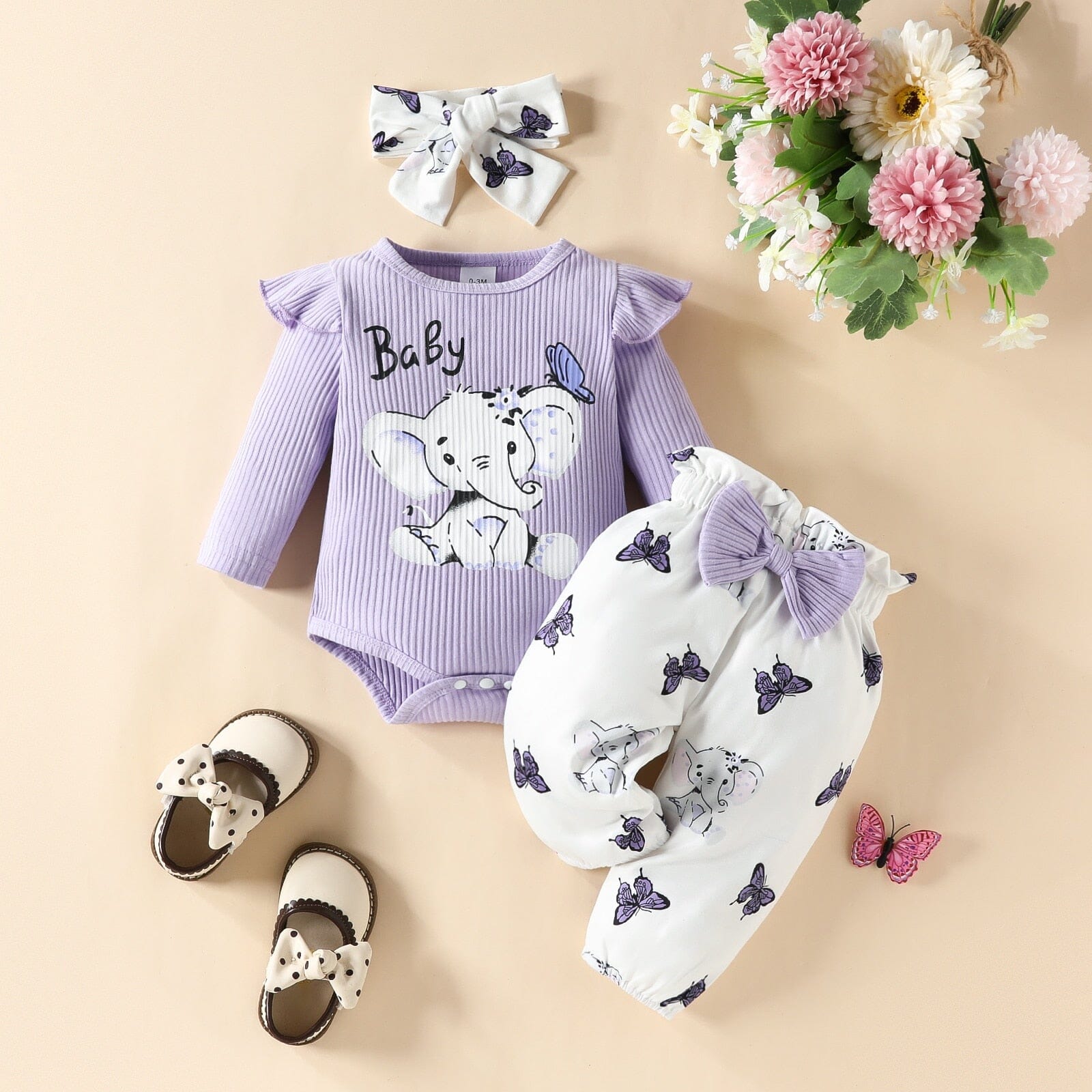 Conjunto Infantil Feminino Elefante + Laçinho Loja Click Certo Roxo 0-3 Meses 