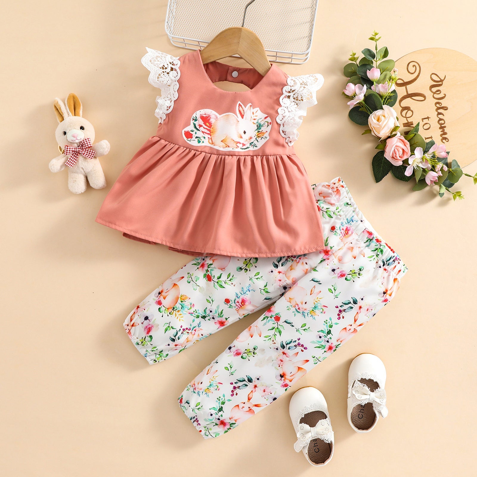 Conjunto Infantil Feminino Floral e Coelhinho Conjunto Loja Click Certo 1-2 anos 