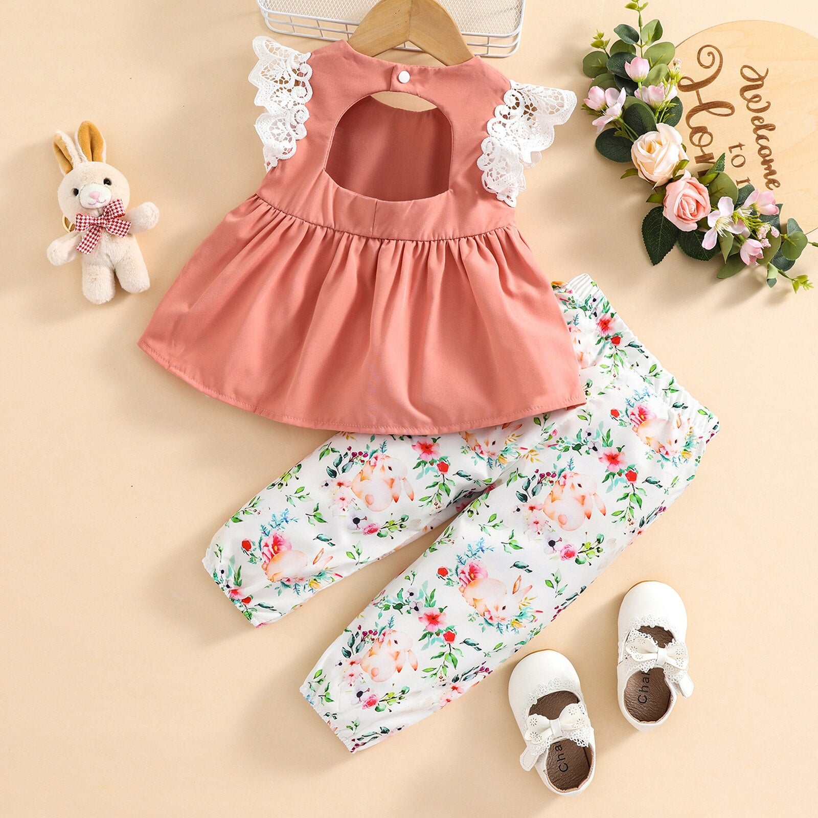 Conjunto Infantil Feminino Floral e Coelhinho Conjunto Loja Click Certo 