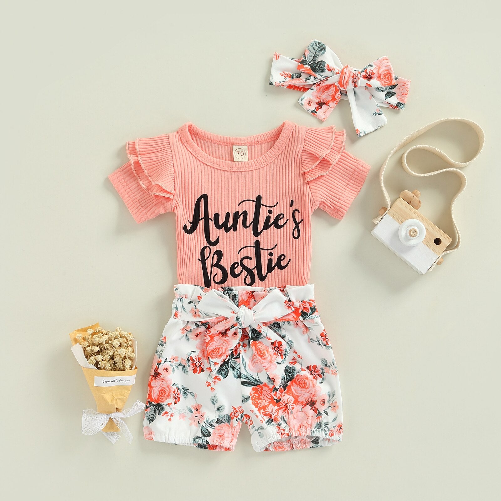 Conjunto Infantil Feminino Floral + Laço conjunto Loja Click Certo 0-3 meses 