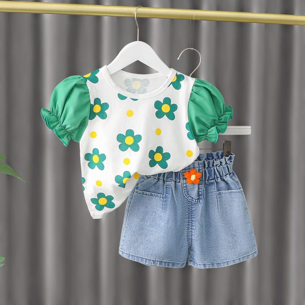 Conjunto Infantil Feminino Flores Manguinha 0 Loja Click Certo Verde 6-9 Meses 