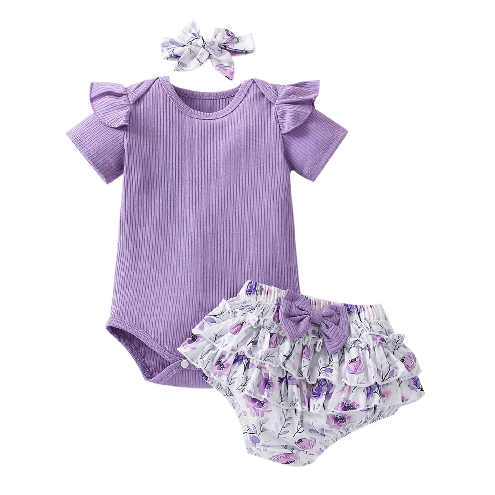 Conjunto Infantil Feminino Florido + Faixa Loja Click Certo Lilás 0-3 Meses 